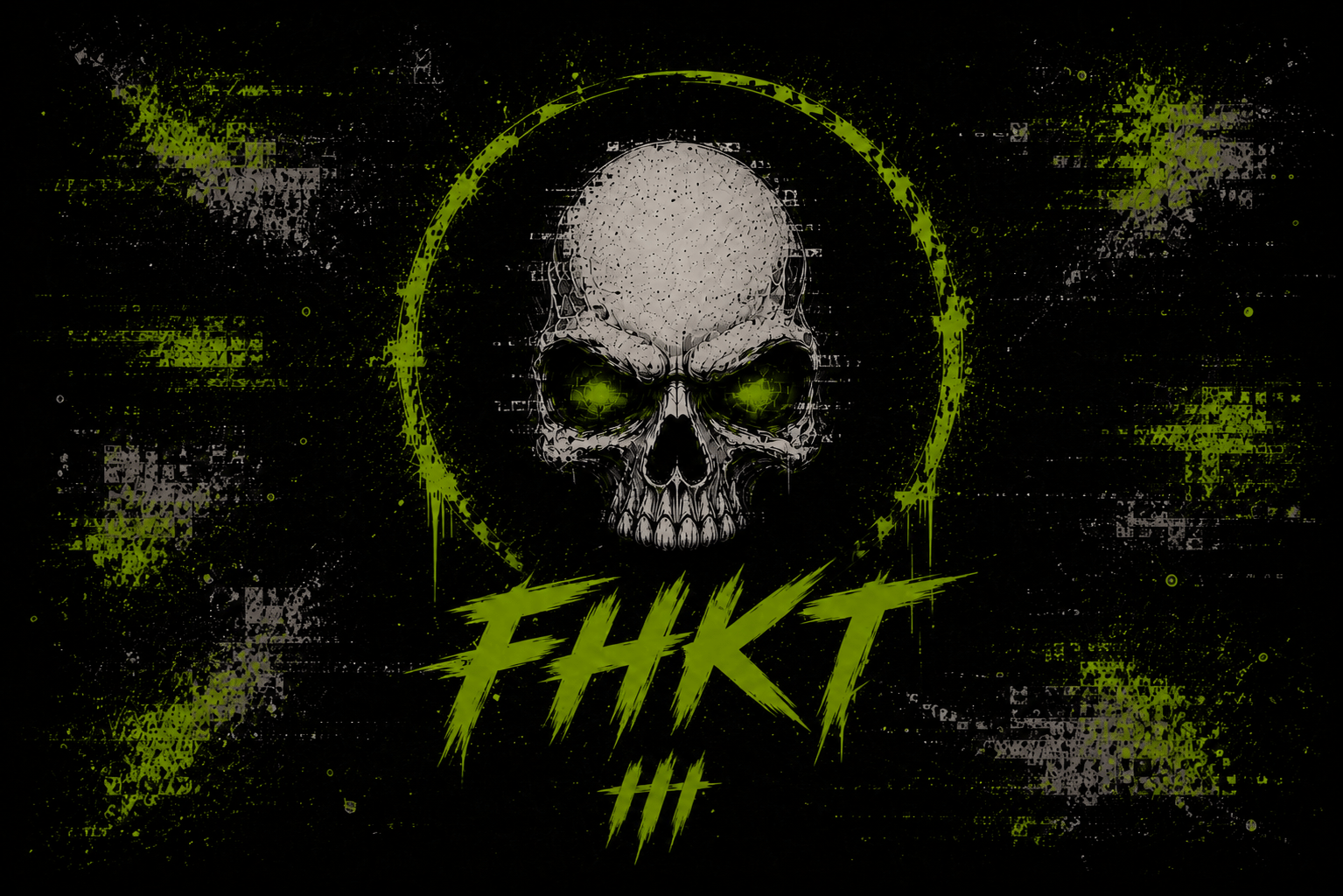 The getFHKT clan flag: a bone-white skull with glowing acid-green eye sockets, centred in a ragged green ring over a black field of glitch static, with the jagged wordmark FHKT and three tally marks beneath it